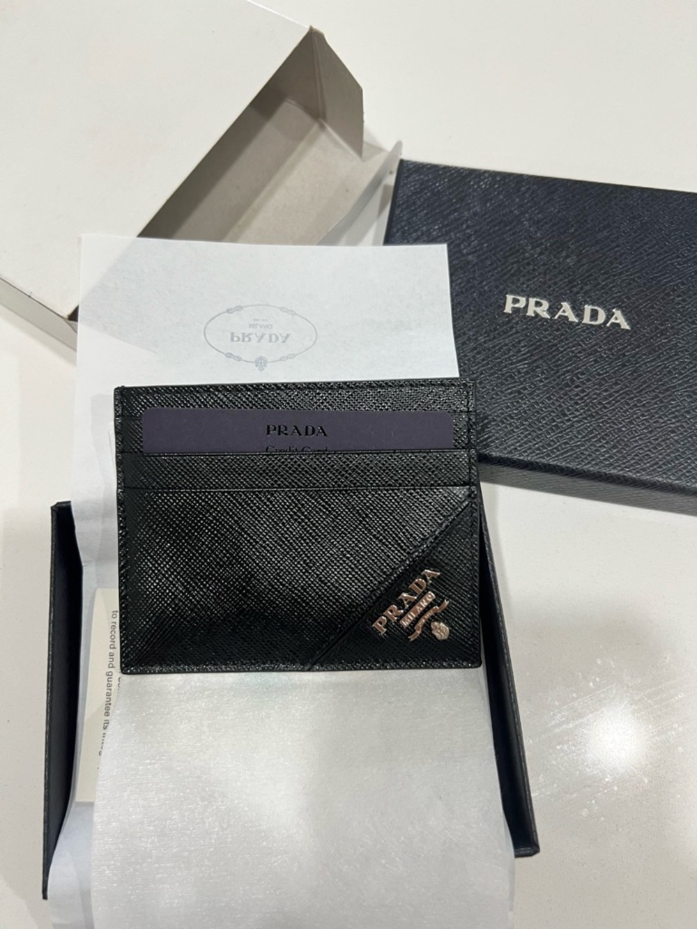 Prada Black Saffiano Leather Slim Card Case with Gold Logo